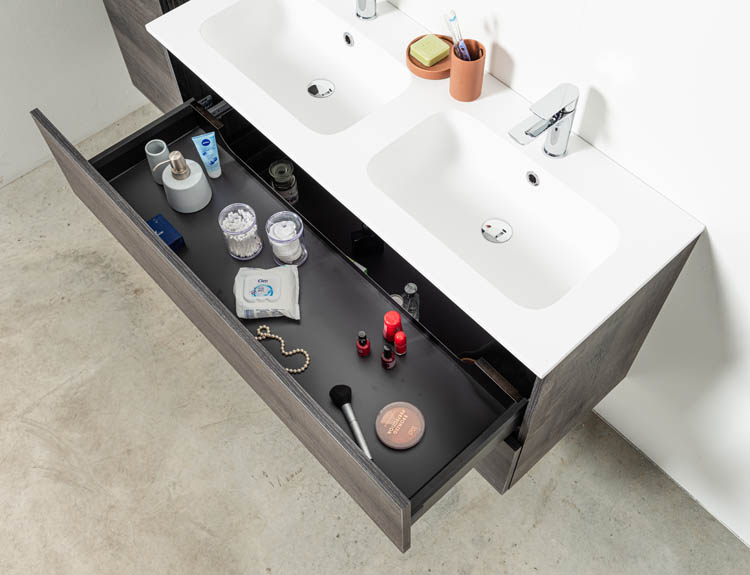 Meuble de salle de bains Dotan chêne foncé suspendu avec lavabo double blanc mat 120cm