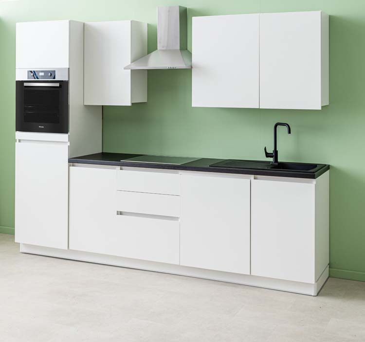 Keuken Plenti 280 cm - oven boven - lades - met toestellen - wit/zwart