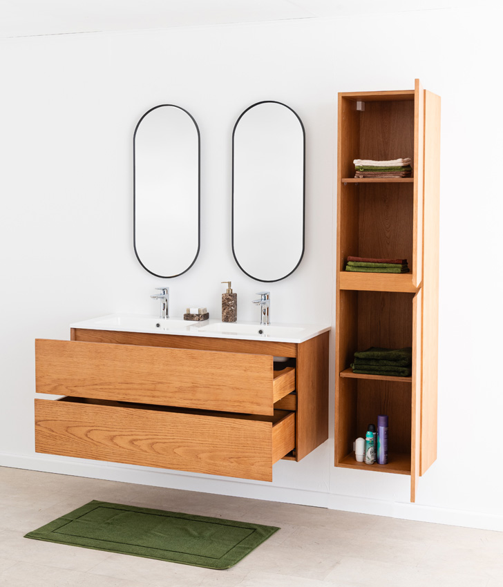 Badkamermeubel Fior eik hangend met dubbele wastafel glanzend wit 120cm