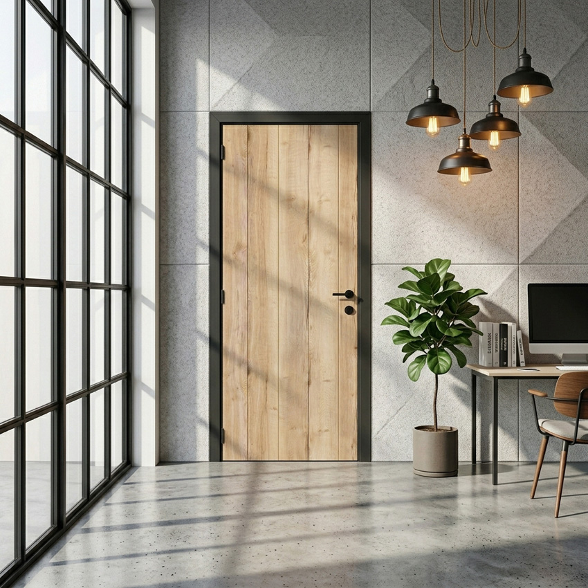 Porte intérieure complète Realwood Oak nervuré 201,5x68cm tubulaire réversible + châssis noir 16,5cm