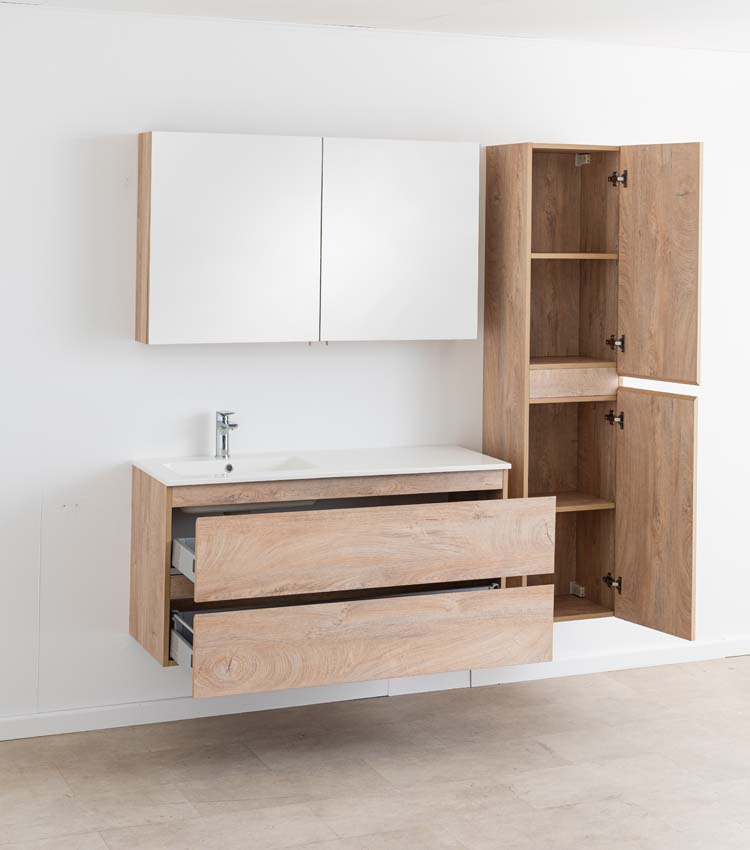 Meuble de salle de bain Tibo en chêne méditerranéen avec lavabo simple blanc mat 120cm