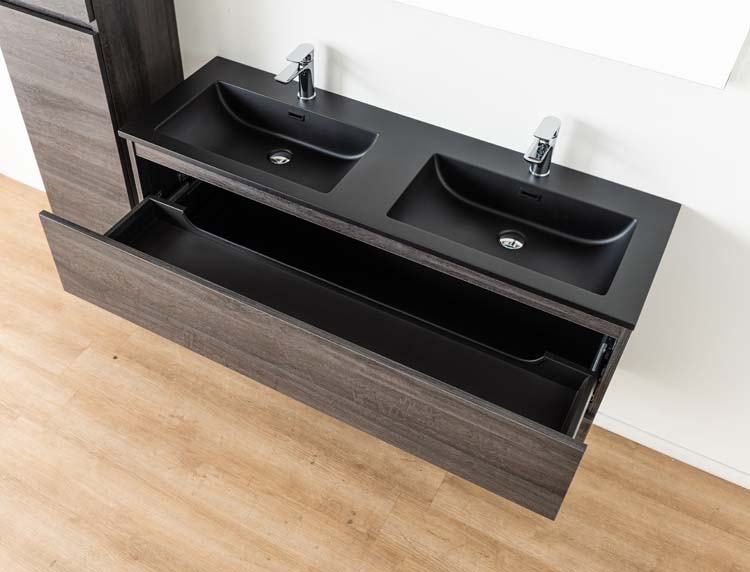Meuble de salle de bains Dotan chêne foncé suspendu avec lavabo double noir mat 140cm