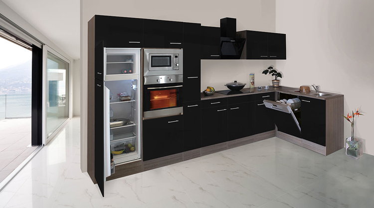Keuken 370x172cm - zwart/eik donker - vitrokeramische kookplaat
