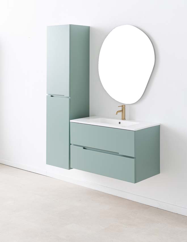 Meuble de salle de bains Truman vert gris suspendu avec lavabo simple blanc brillant 90cm