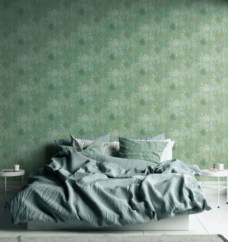 Vinyle sur papier peint intissé fleur blanc/vert 0,53x10m
