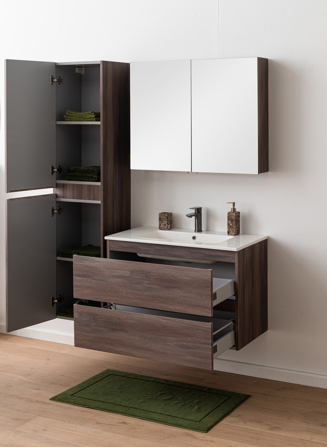 Meuble de salle de bains Tarik chêne ambré suspendu avec vasque simple blanc brillant 90cm