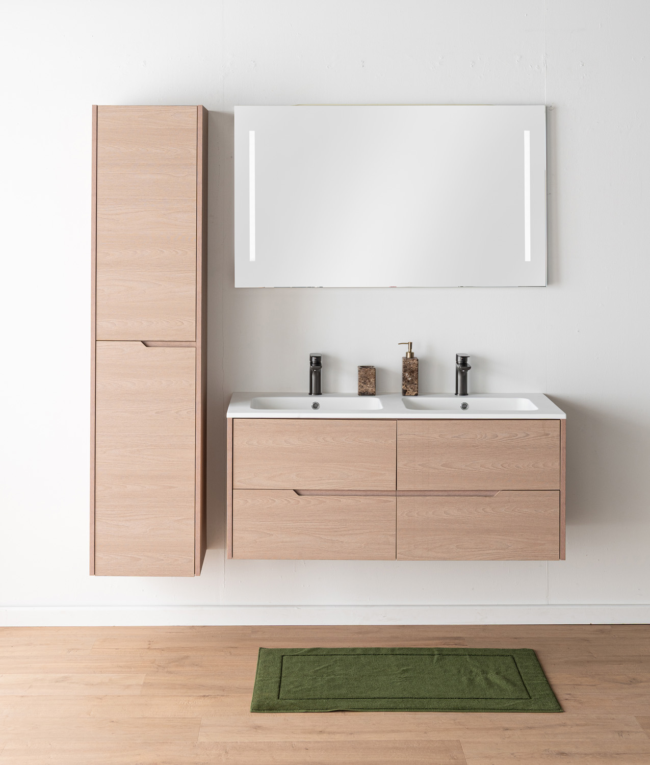 Badkamermeubel Tiago Nordic eik hangend met dubbele wastafel mat wit 120cm