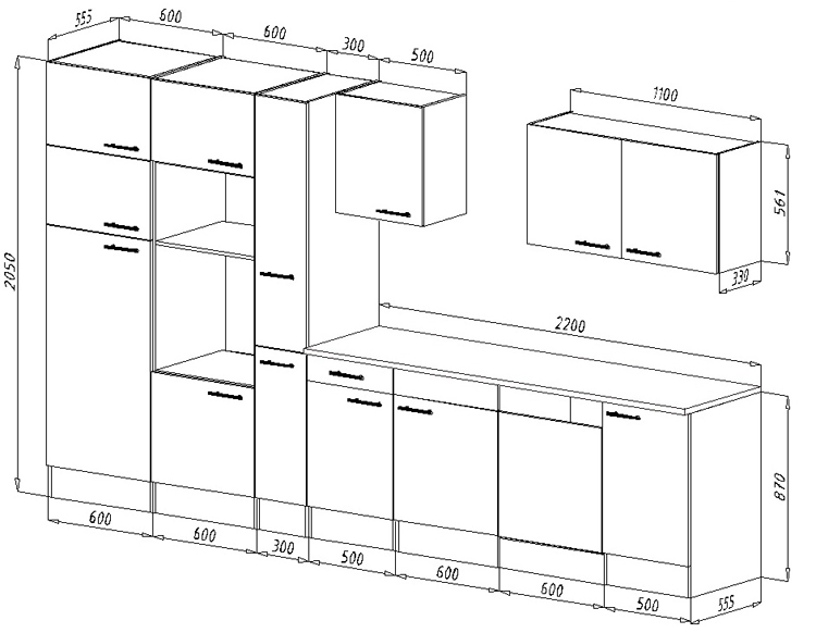 Keuken antraciet/eik donker 370cm - vitrokeramische kookplaat en inox wanddampkap - met toestellen