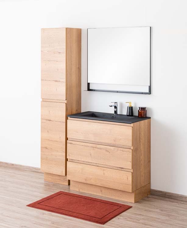 Badkamermeubel Daria eik goudbruin staand met enkele wastafel mat zwart 90cm