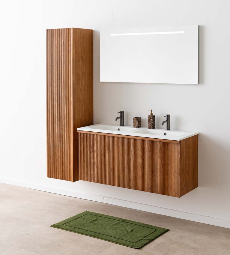 Badkamermeubel Fae eik hangend met dubbele wastafel mat wit 120cm