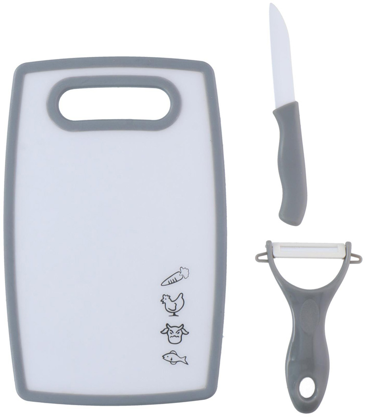 Planche à découper avec éplucheur et couteau plastique gris foncé 25x16cm