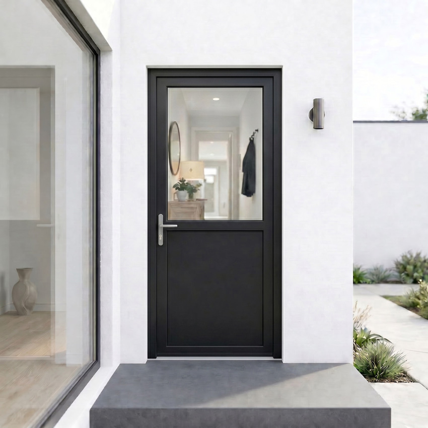 Porte extérieure semi-vitrée PVC verre triple vitrage clair noir/blanc ouvrant à gauche sur mesure