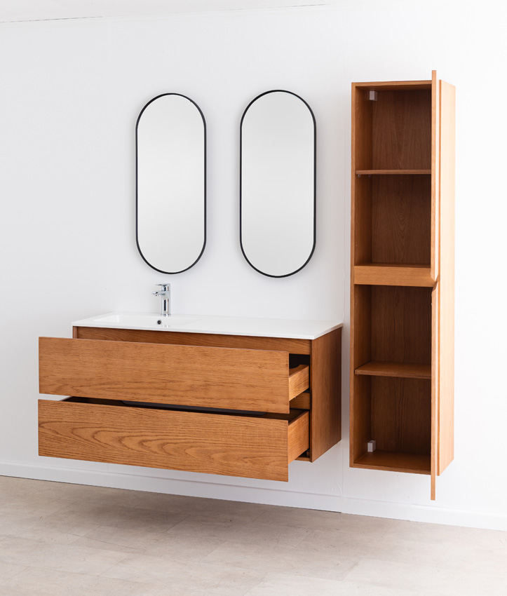 Badkamermeubel Fior eik hangend met enkele wastafel mat wit 120cm