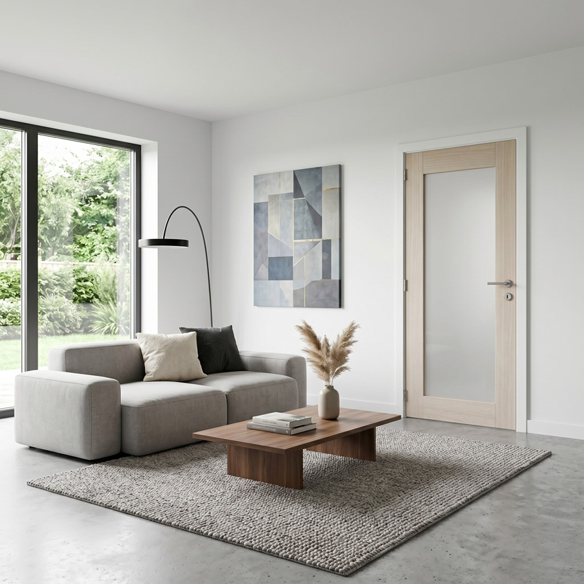 Porte intérieure complète Vento verre mat/bois massif 201,5x83cm réversible + châssis blanc 16,5cm