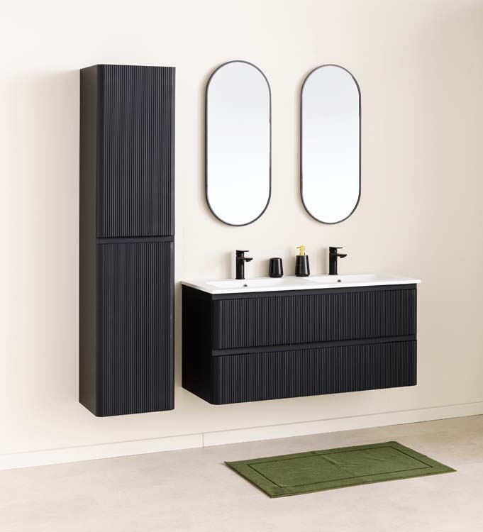 Badkamermeubel Julia mat zwart hangend met dubbele wastafel mat wit 120cm