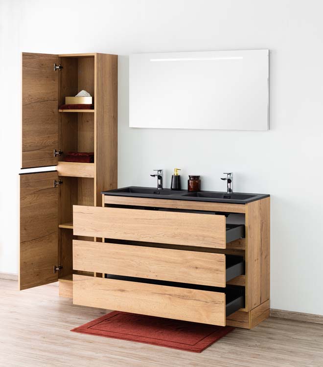 Badkamermeubel Daria eik goudbruin staand met dubbele wastafel mat zwart 120cm