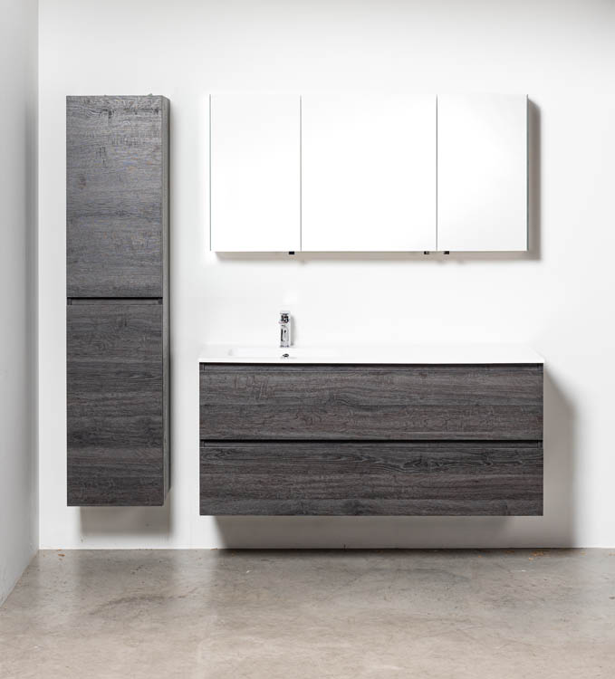Badkamermeubel Dotan donkere eik hangend met enkele wastafel links glanzend wit 140cm