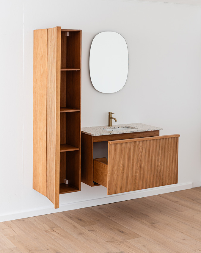 Badkamermeubel Fae eik hangend met enkele wastafel terrazzo 90cm