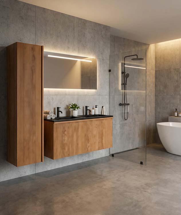 Badkamermeubel Fae eik hangend met dubbele wastafel mat zwart 120cm