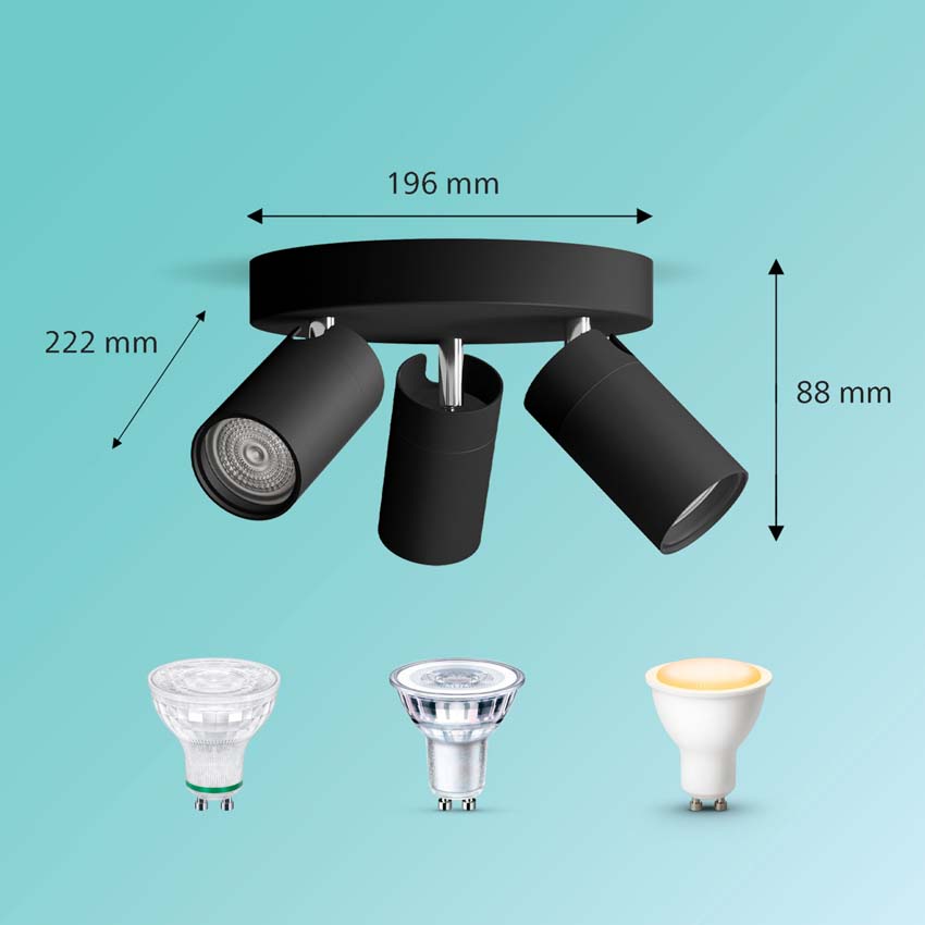 Spot plafond salle de bains noir 3 spot retangle IP44