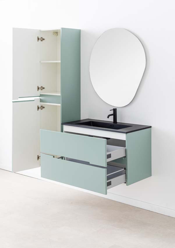 Meuble de salle de bains Truman vert gris suspendu avec lavabo simple noir mat 90cm