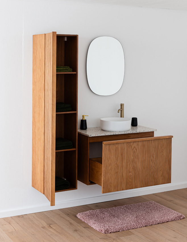 Badkamermeubel Fae eik hangend met enkel topblad terrazzo 90cm