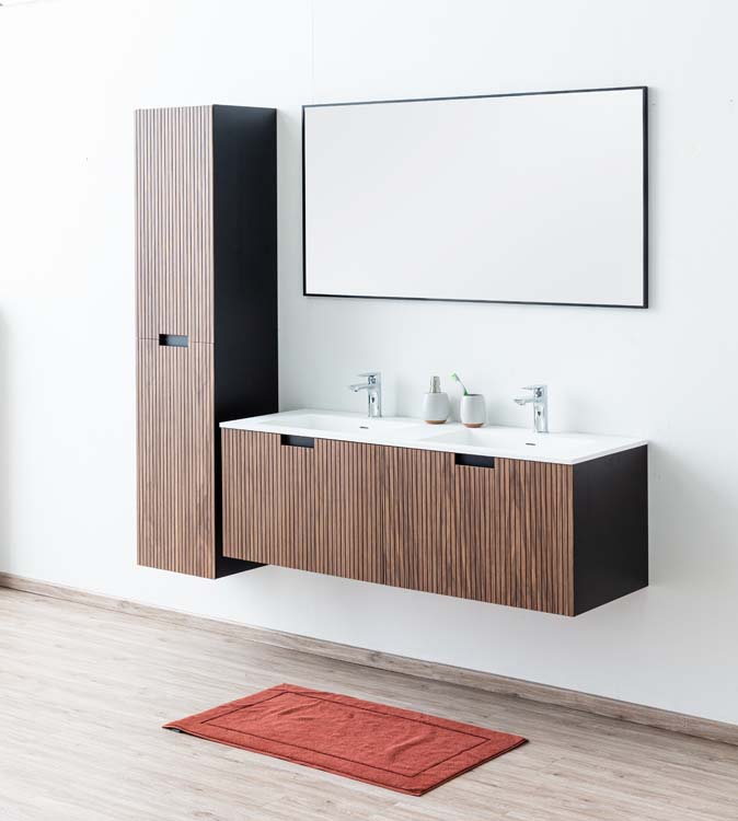 Badkamermeubel Willow walnoot hangend met dubbele wastafel mat wit 140cm