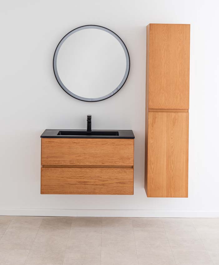 Meuble de salle de bain Fior chêne suspendu avec vasque simple noir mat 90cm