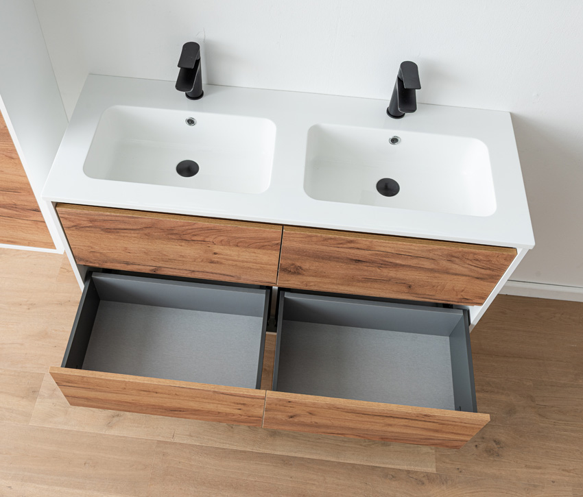 Meuble de salle de bains Treviso chêne/blanc avec double lavabo blanc brillant 120cm