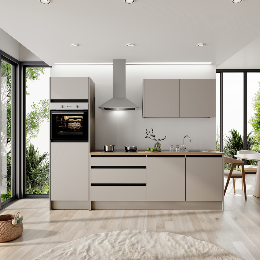 Keuken Berlin kasjmier 273cm - met toestellen - vitrokeramische kookplaat en inox wanddampkap