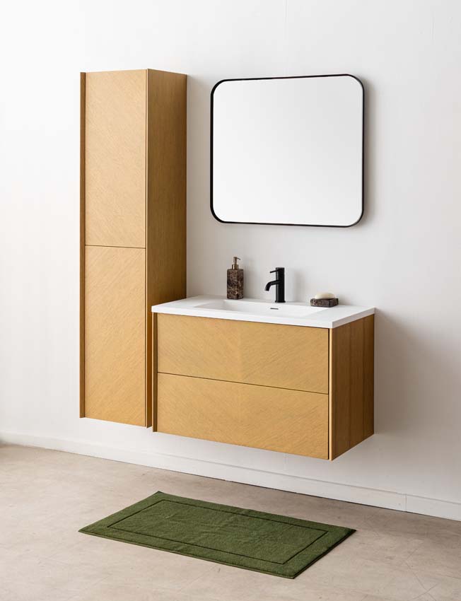 Meuble de salle de bains Waldorf chêne suspendu avec lavabo simple blanc mat 90cm