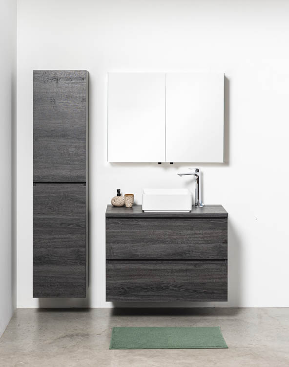Meuble de salle de bains Dotan chêne foncé suspendu avec plateau en mélamine 90cm