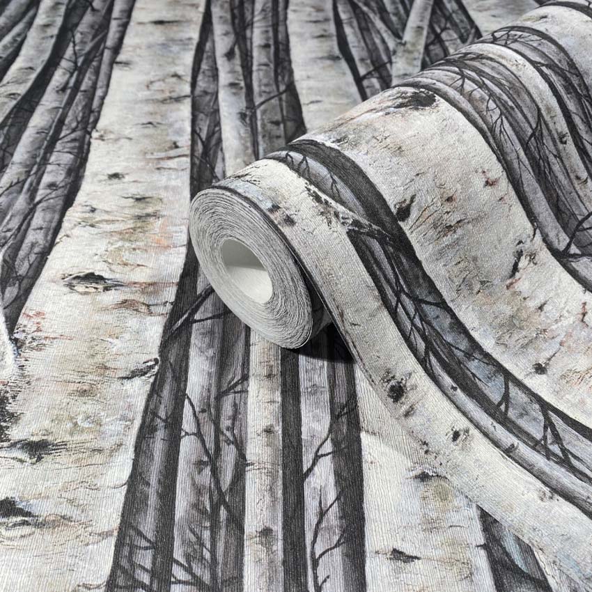 Vinyle sur papier peint intissé bouleau gris/beige 0,53x10m