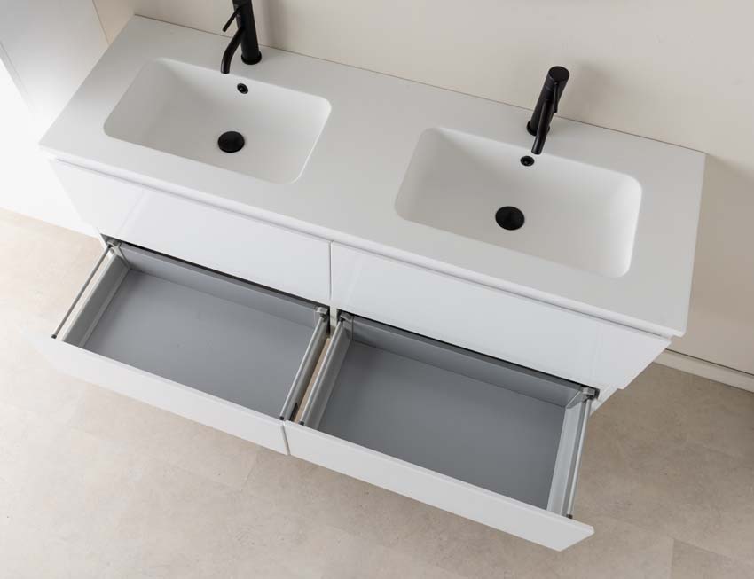 Meuble de salle de bains Tibo blanc suspendu avec lavabo double blanc mat 140cm
