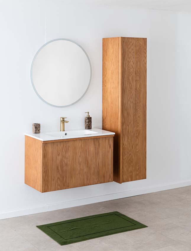 Badkamermeubel Fae eik hangend met enkele wastafel glanzend wit 90cm