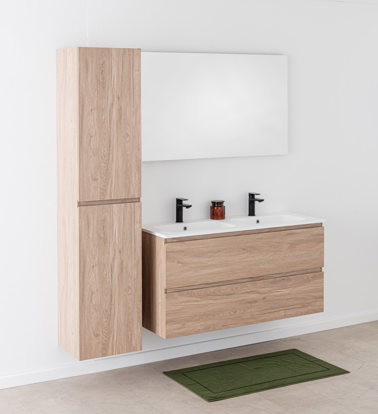 Meuble de salle de bain Bianca aspect chêne suspendu avec double lavabo blanc mat 120,5cm