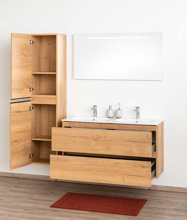 Badkamermeubel Daria eik goudbruin hangend met dubbele wastafel glanzend wit 120cm