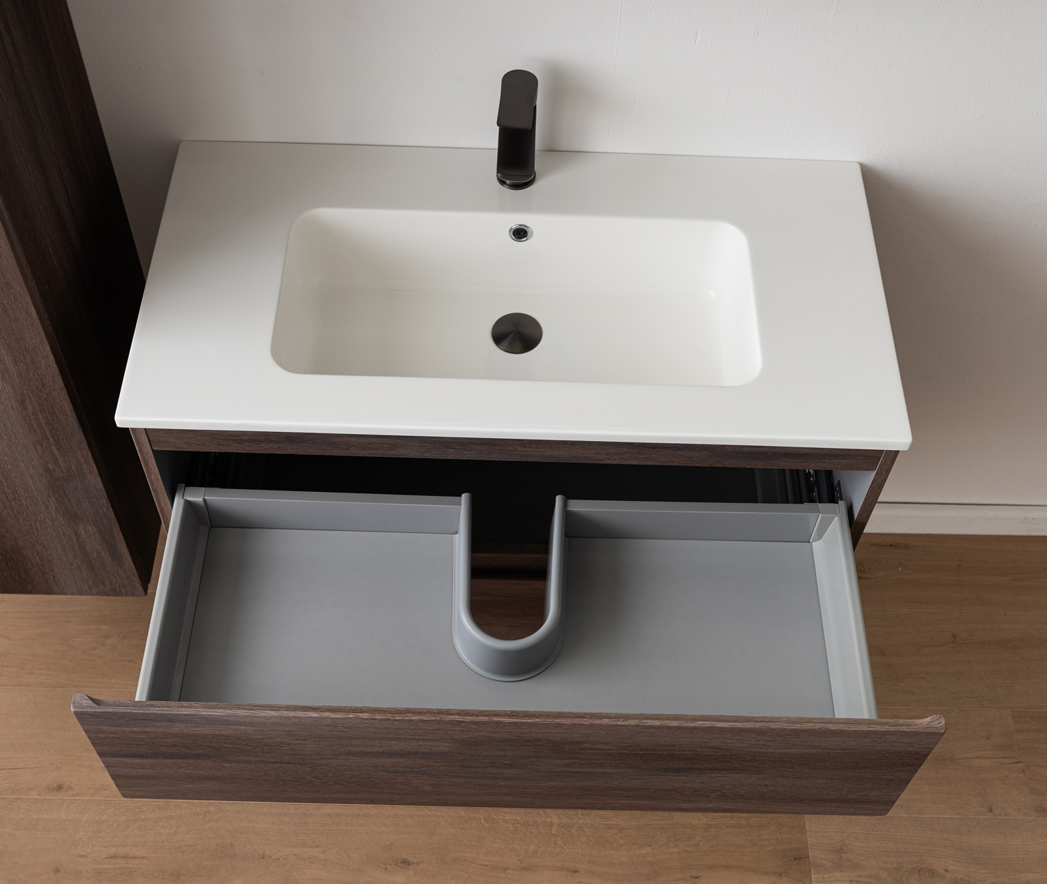 Meuble de salle de bains Tarik chêne ambré suspendu avec vasque simple blanc brillant 90cm