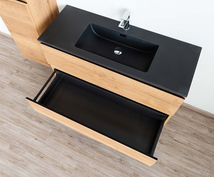Badkamermeubel Daria eik goudbruin hangend met enkele wastafel mat zwart 120cm