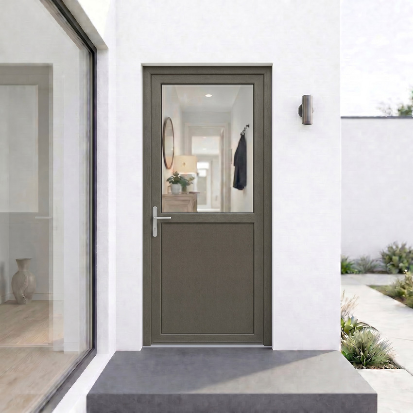 Porte extérieure semi-vitrée PVC verre clair gris quartz/blanc ouvrant à gauche sur mesure