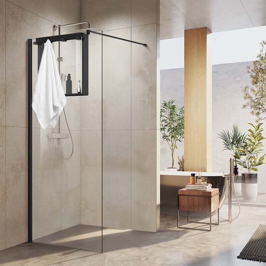 Doucherek mat zwart 50x50x6,5cm met 4 ophanghaken