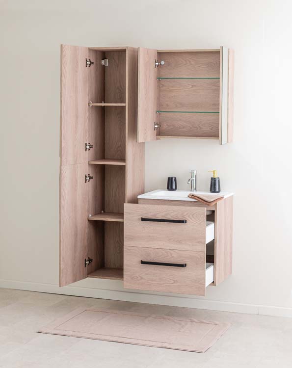 Badkamermeubel Bison eik hangend met enkele wastafel mat wit 60cm