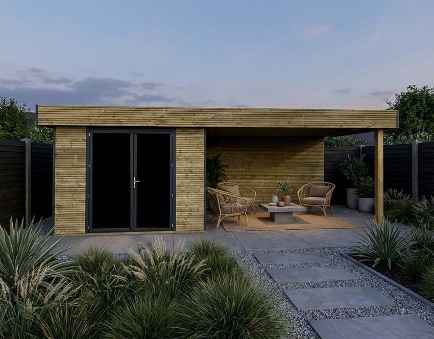 Tuinstudio Amelia M + terras vurenhout naturel 680x300x236cm dubbele deur