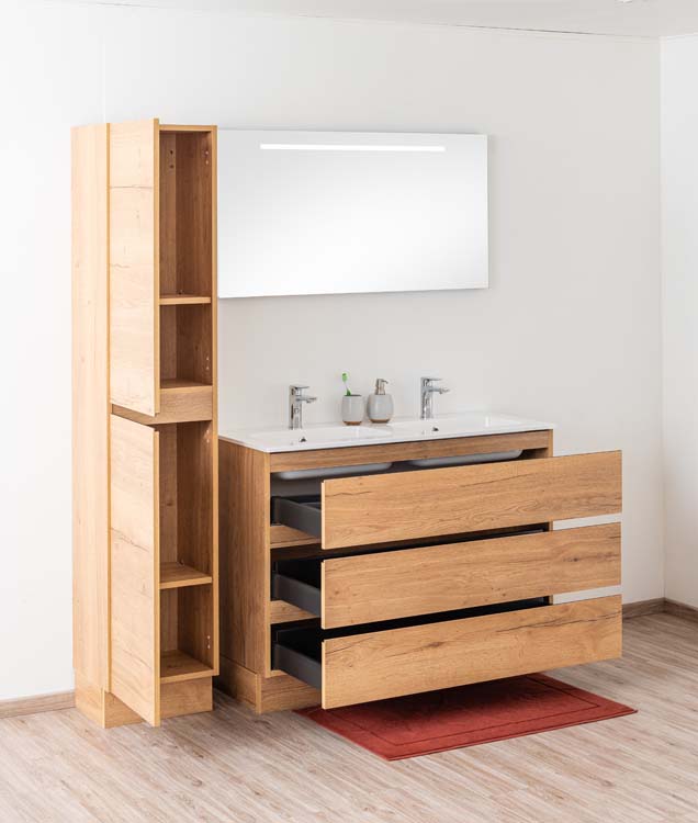 Badkamermeubel Daria eik goudbruin staand met dubbele wastafel glanzend wit 120cm