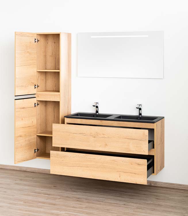 Badkamermeubel Daria eik goudbruin hangend met dubbele wastafel mat zwart 120cm