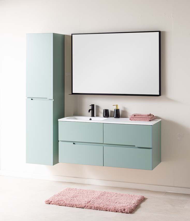 Meuble de salle de bains Truman vert gris suspendu avec lavabo simple à gauche blanc mat 120cm