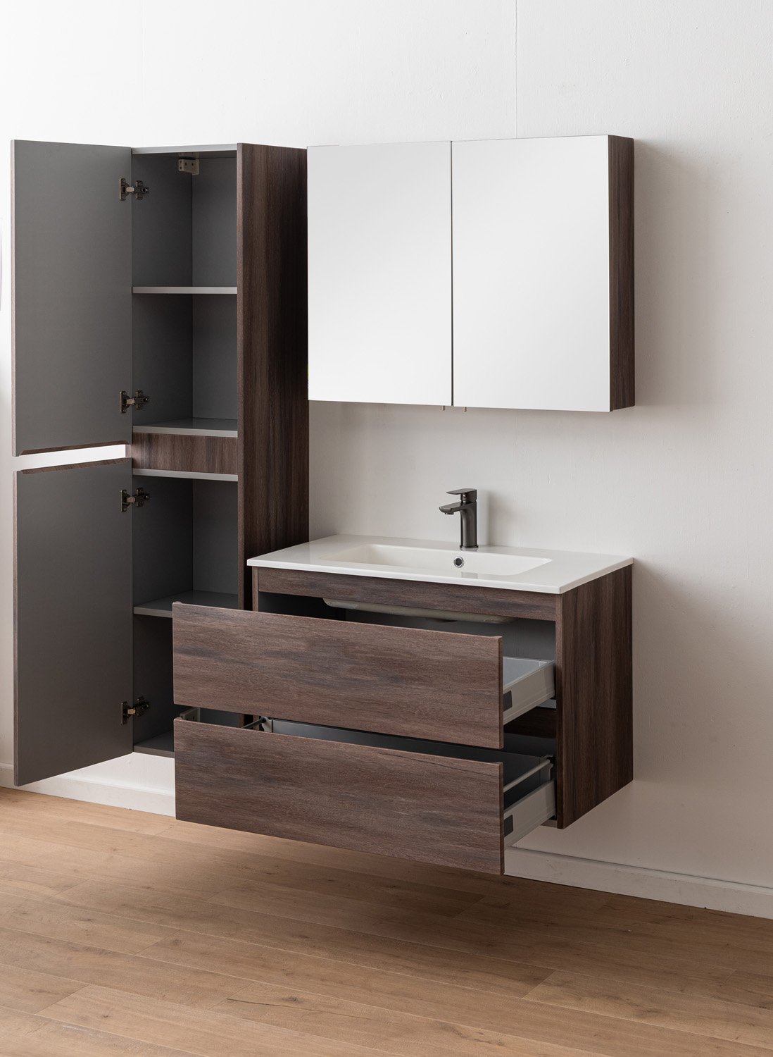 Meuble de salle de bains Tarik chêne ambré suspendu avec vasque simple blanc brillant 90cm
