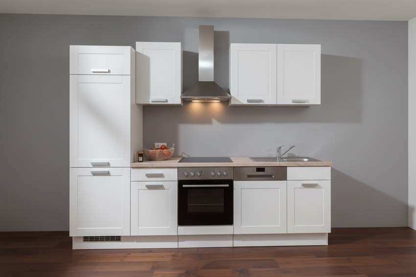 Cuisine Njord blanc rustique 280cm - hotte murale en inox - sans appareils