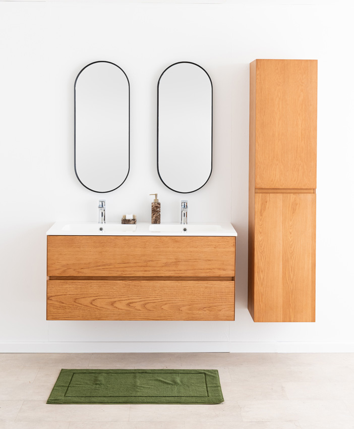 Badkamermeubel Fior eik hangend met dubbele wastafel glanzend wit 120cm