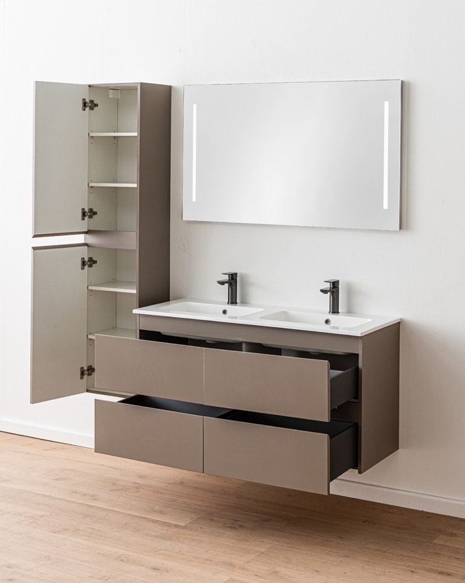 Badkamermeubel Trente taupe met dubbele wastafel glanzend wit 120cm